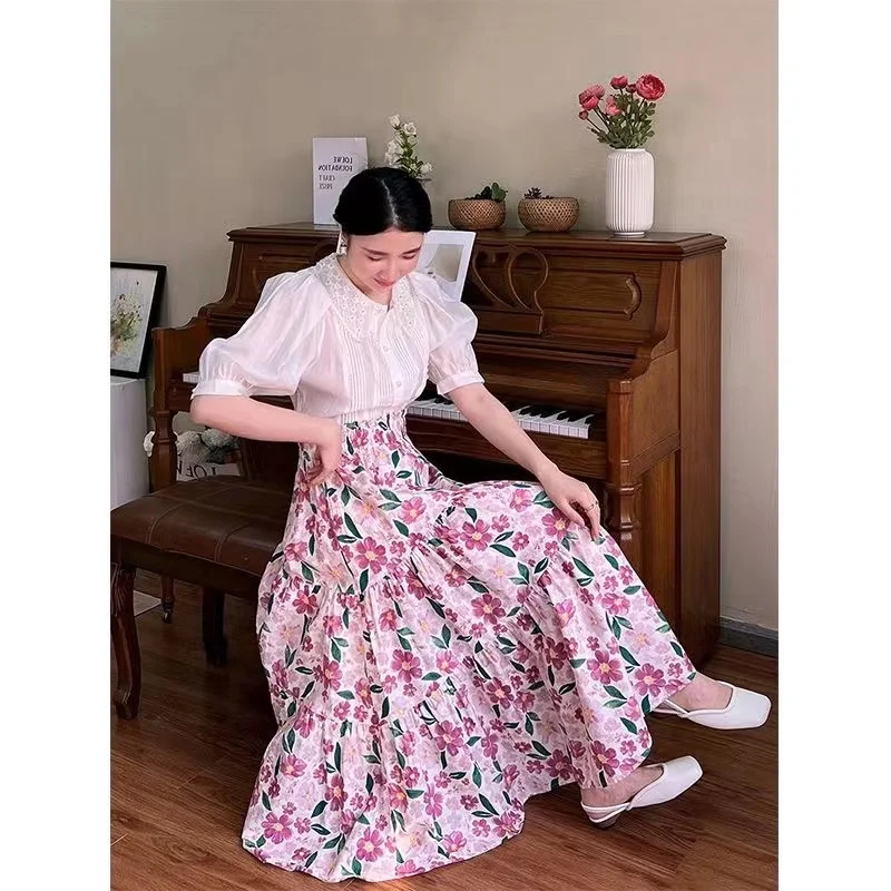 

Женская плиссированная юбка с цветочным принтом, свободная юбка контрастных цветов с высокой талией, весна-лето 2023