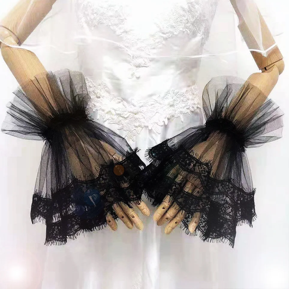 

Sexy Floral Lace Short Gloves Ruffled Sheer Tulle Women Bridal Wedding Gloves Party Fancy Costumes Fake Female Sleeves ST316