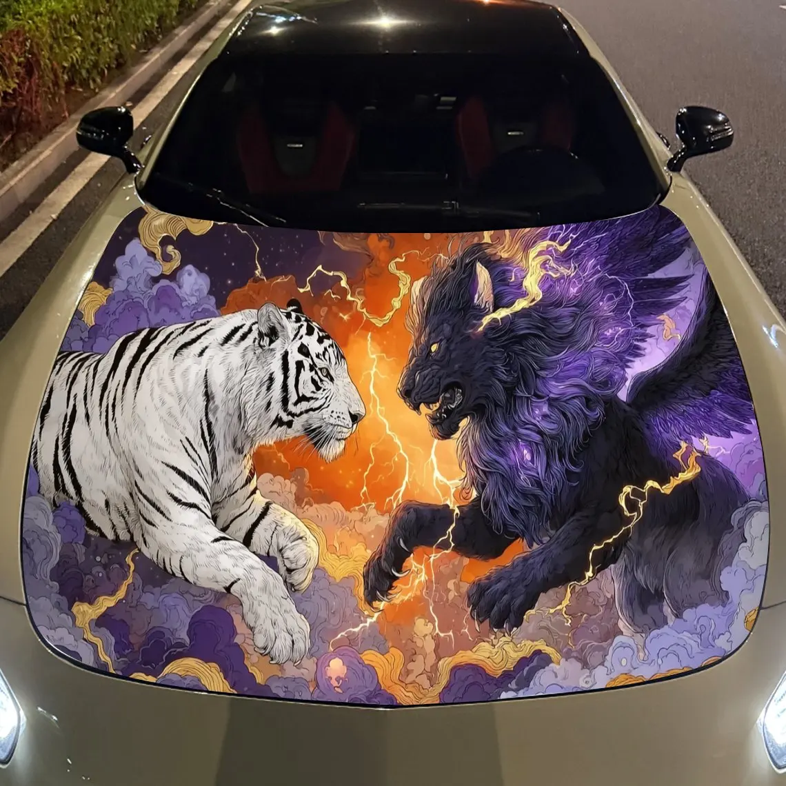 Фото Оранжево-фиолетовая автомобильная виниловая пленка Cloud Flame Beast Duel, водонепроницаемая наклейка на капот автомобиля из ПВХ, самоклеящаяся устойчивая к царапинам №5