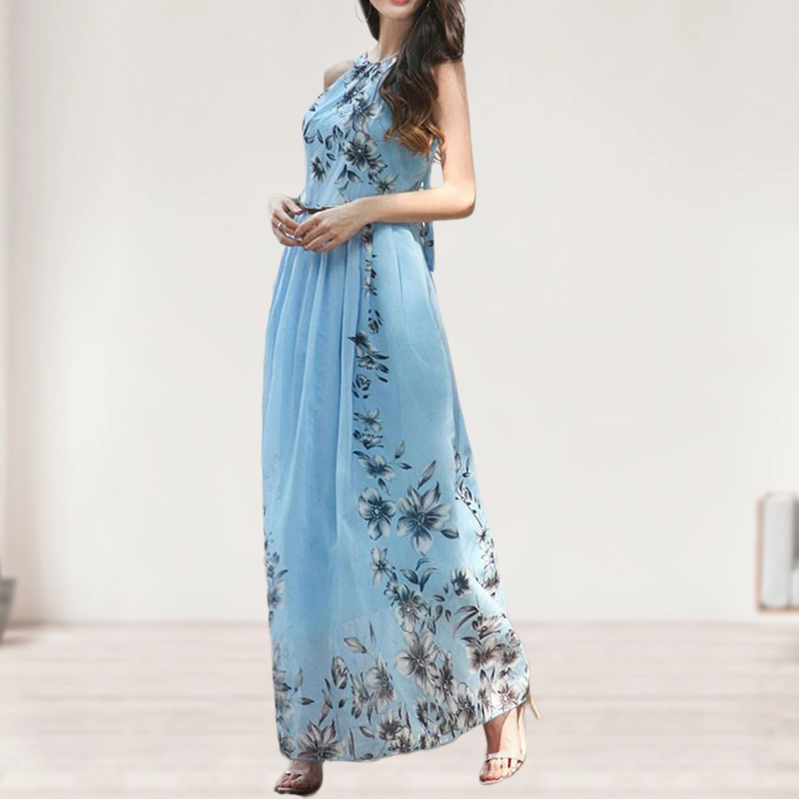 

Women Sexy Sleeveless Dress Casual Chic Bohemian Chiffon Maxi Dress Elegant Large Hem Beach Holiday Long Dress