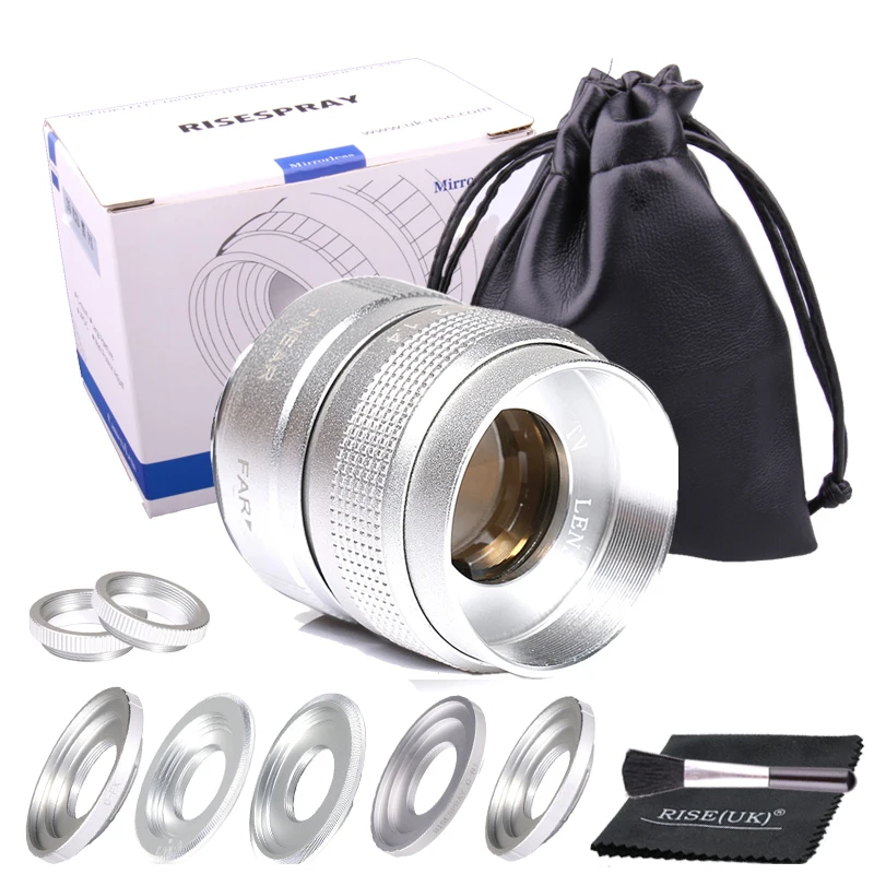 

Серебристый объектив Fujian 25 мм f/1,4 APS-C CCTV + 5 адаптерных колец + 2 макрокольца для беззеркальной камеры NEX FX M4/3 NIKON1 EOSM