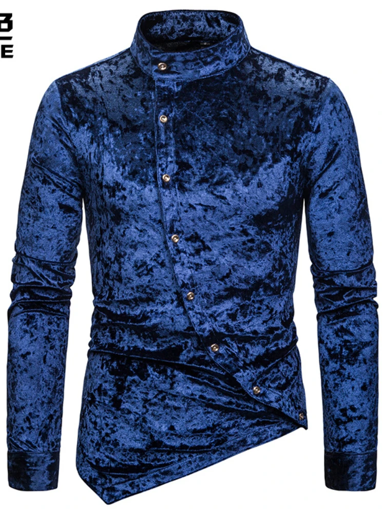 Personalized Diagonal Button Diamond Velvet Shirt Irregular Multicolor Henry Collar Shirt High-end Long-sleeved Shirt 2022 New