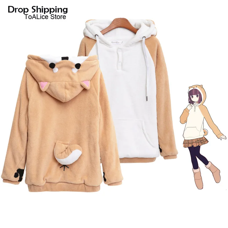 

Harajuku Shiba Inu Doge Kawaii Hoodies Women Sweatshirts With Ears Hooded Plush Coat Cartoon Anime Warm Winter Sweatshirt