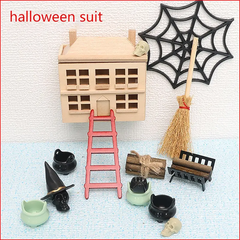 

1Set 1:6 1:12 Dollhouse Miniature Halloween Furniture Ornament Model Mini Storage Cabinet Witch Hat Spider Web Model Toys