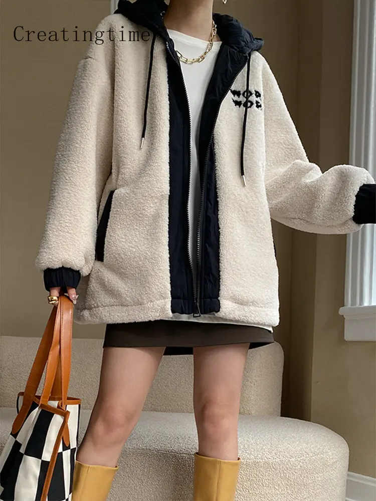 

Hit Color Letters Embroidered Hooded Woolen Coat For Women 2022 Autumn Winter New Loose Long Sleeve Zipper Female Jackets 1A331