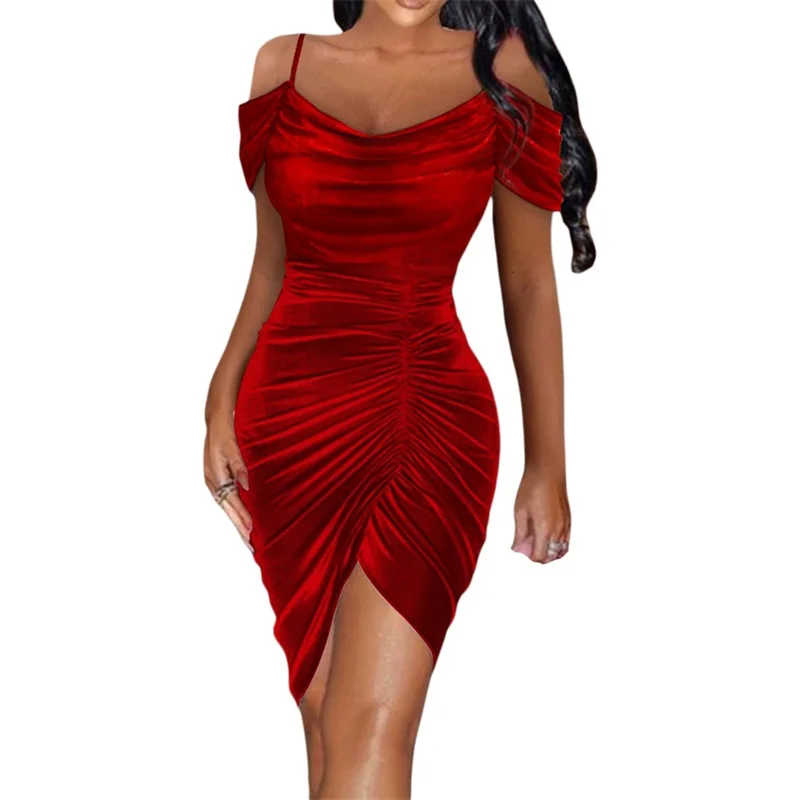 

Женское вечернее однотонное платье на бретелях-спагетти, с открытыми плечами и рюшами, с асимметричным подолом, Размеры S/M/L/XL