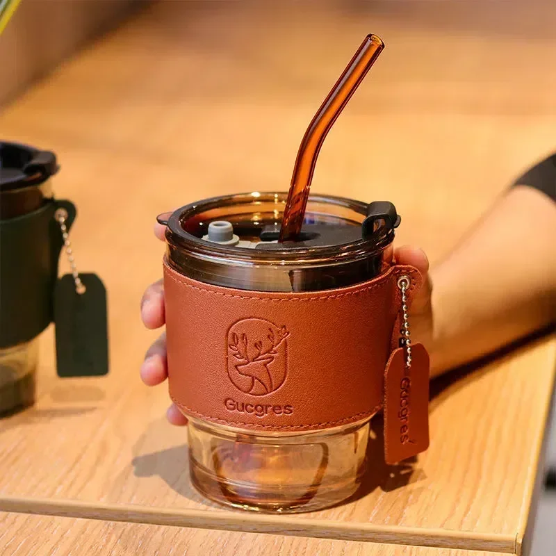 

Green Cup Coffee Reusable Leather With Milk Tea 420ml And Juice Glass With Mug Heat-resistant Lid Cup Mug Straw Water Office