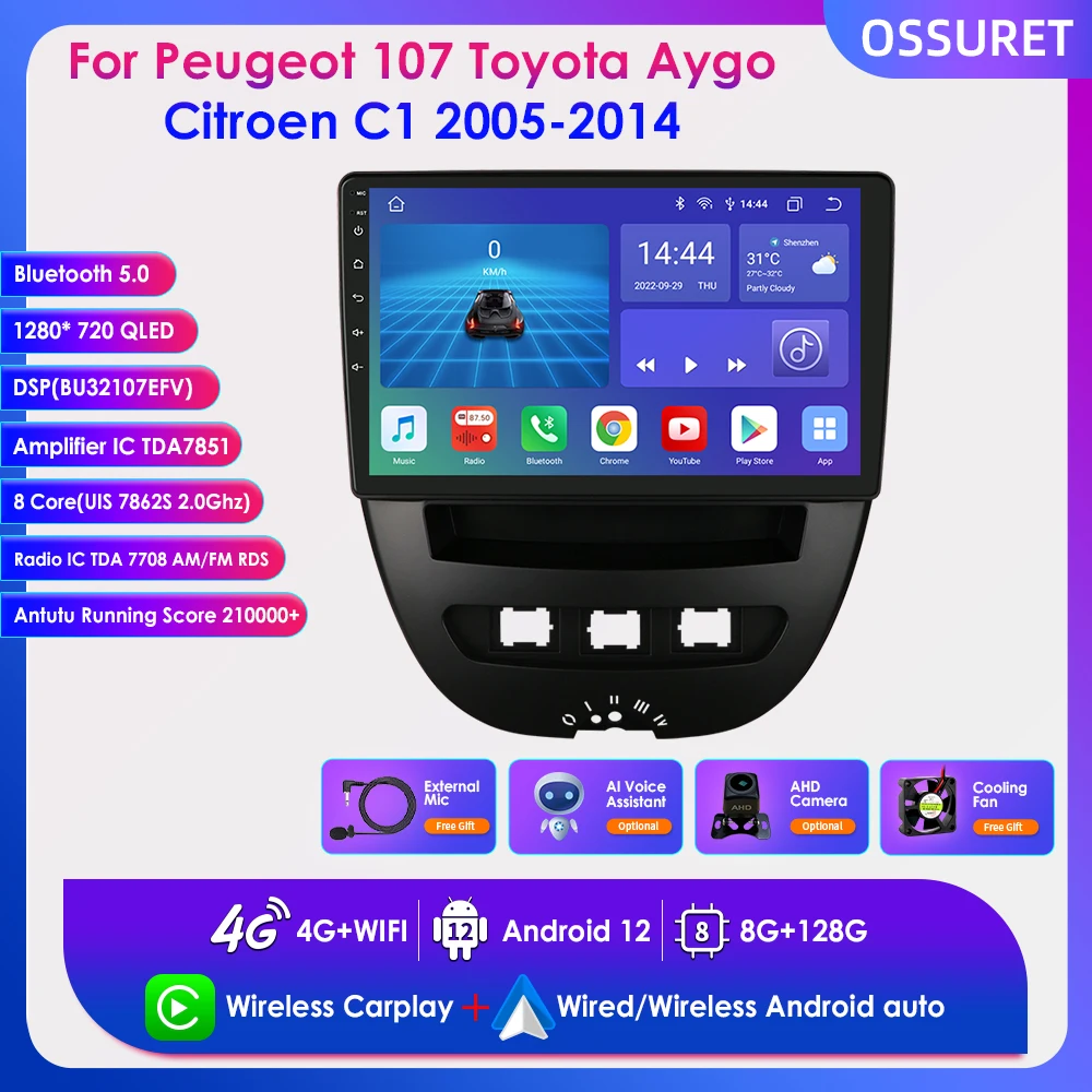 

10.1" Carplay Screen for Peugeot 107 Toyota Aygo Citroen C1 2005-2014 Android 12 2din Car Multimedia Player GPS RDS Stereo BT 4G