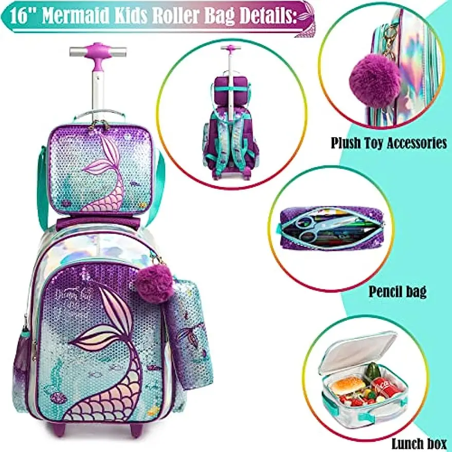 BIKAB Mermaid Rolling Backpack for Gilrs Backpacks with Wheels for Elementary School Bag Trolley Trips Luggage with Lunch Box