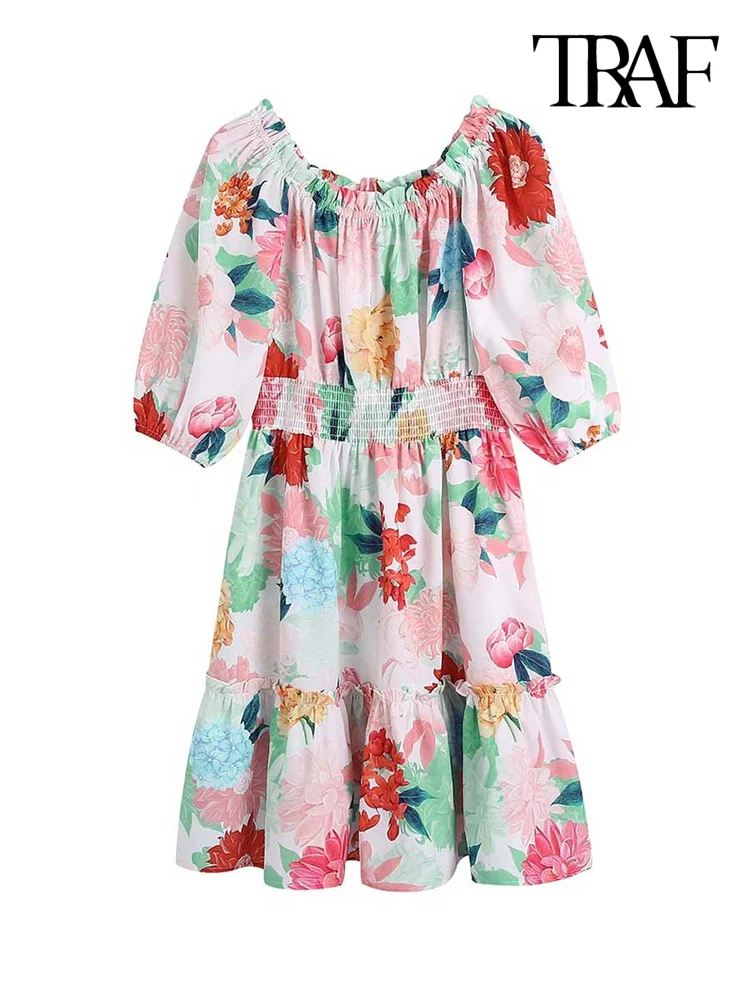 

TRAF Women Fashion Floral Print Ruffled Mini Dress Vintage Short Sleeve Elastic Waist Female Dresses Vestidos Mujer
