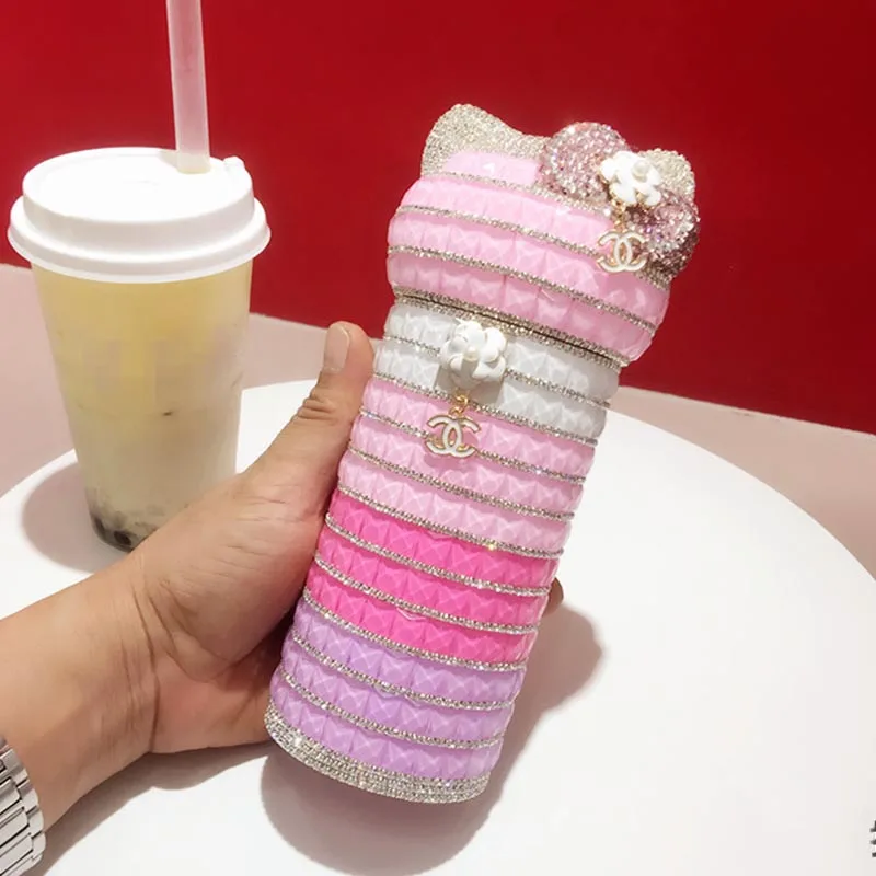 

360 мл Kawaii Hello Kitty стеклянный сверлильный термос бутылка милый Kt Cat Bling Стразы бутылка для воды Изолированная Вакуумная чашка бутылка для воды