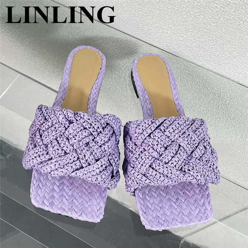 

2023 брендовые дизайнерские плетеные тапочки, новые летние вязаные шлепанцы на плоской подошве, женские мюли, уличные и комнатные шлепанцы, повседневная женская обувь