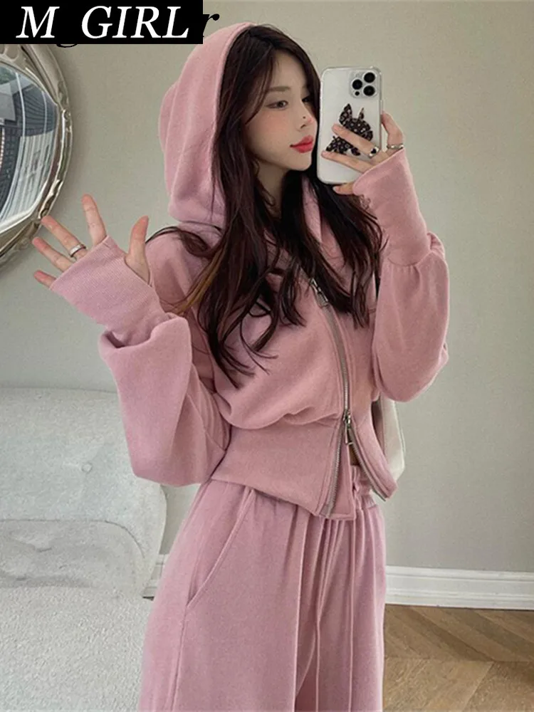 Casual Pink Hooded Sweatshirts Tracksuit Women Coat Double Zip Up Crop Top Drawstring Waist Sweatpant Harem Pants 2 Piece Sets