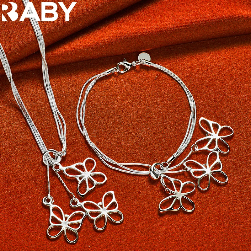 

925 Sterling Silver Butterfly Snake Chain Necklace Bracelet For Women Fashion Jewelry Set Party Sweet Charms Accessories