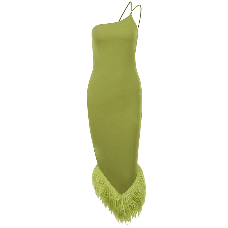 Women Sexy Feather Evening Dress One Shoulder Sleeveless Backless Party Dress Fashion Slim Waist Nightclub Dresses