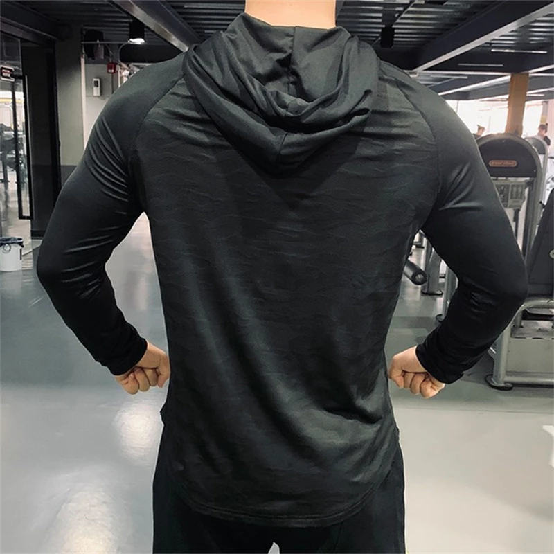2023 Men Running Sports Hoodies Quick Dry Breathable Hood Long Sleeve Tops Man Fitness Gym Training Casual Hooded Jackets Coats