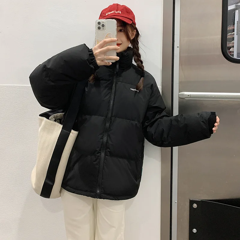 Green cropped down cotton jacket women's loose stand up collar bread suit winter coat