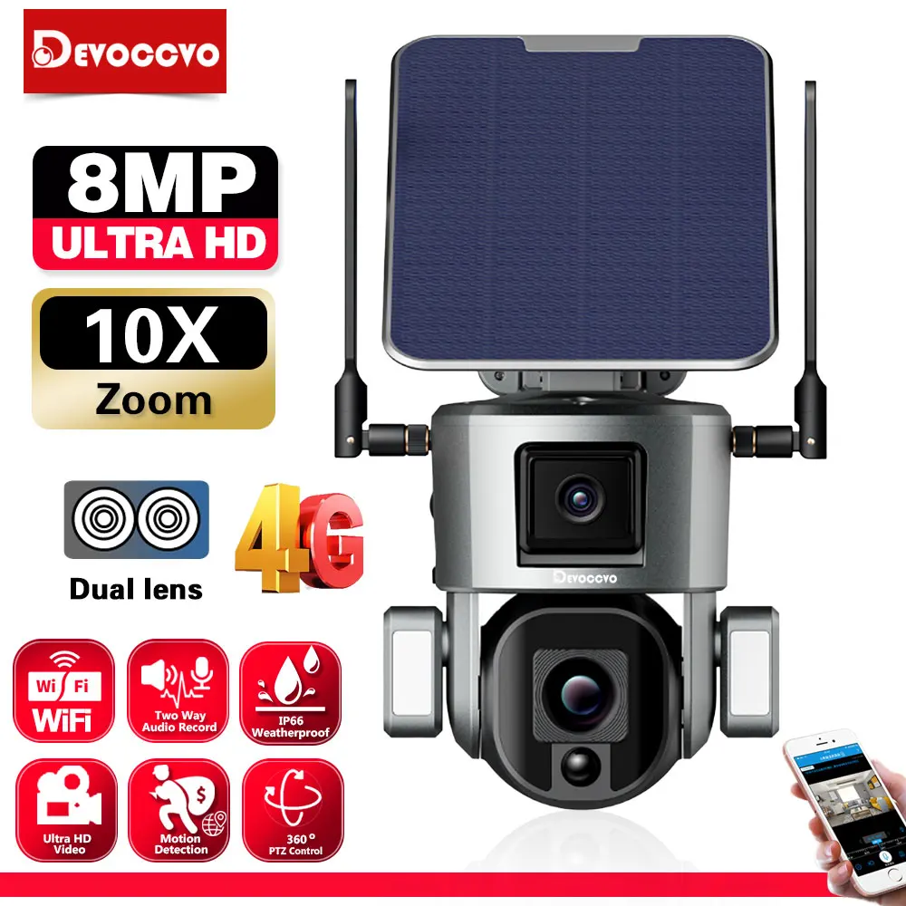 4G Solar Wifi PTZ IP Camera Dual Lens 4K 10X Zoom Color Night Vision Wireless CCTV Security Surveillance Camera 8MP 2 Way Audio