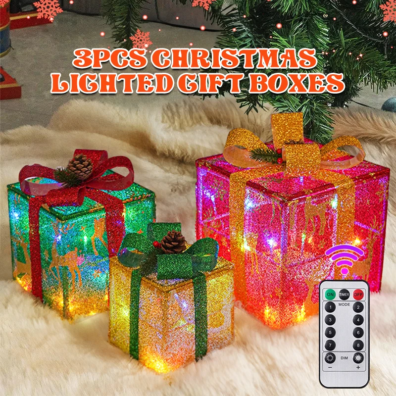 

Set of 3 Christmas Lighted Gift Boxes With Bowknot Pre-lit 50 LED Light Up Present Boxes Ornament For Christmas Yard Lawn Decor