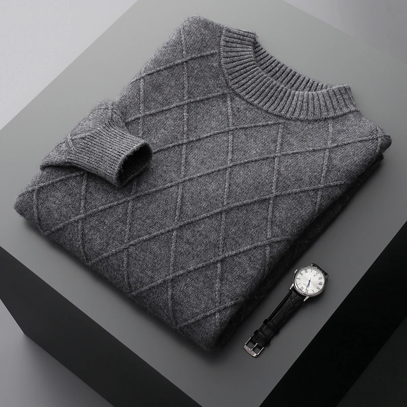 2023 New Men's Round Neck Diamond Thickened 100% Cashmere Sweater Solid Color Knitted Pullover