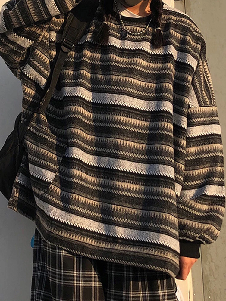 

Gestreepte Trui Vrouw Casual Trui Vintage Gebreide Trui Met Pocket Ronde Hals Losse Jumper Vrouwelijke Hip Hop Sueter Mujer