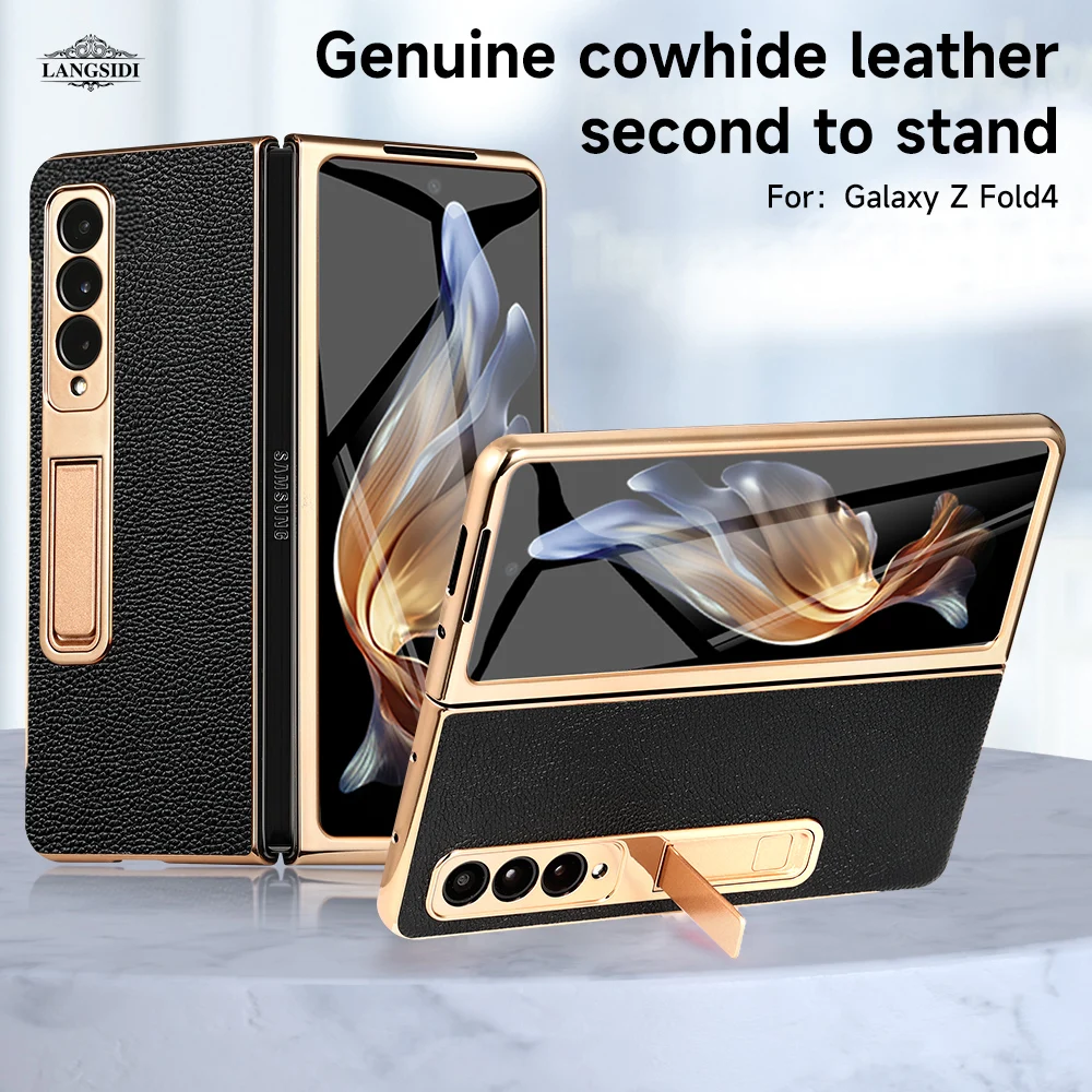 

Genuine Cow Leather Case for Samsung Galaxy Z Fold 5 4 3 Fold5 Fold4 Fold3 ZFold4 Gold Plating Cover with Protection Mirror Film