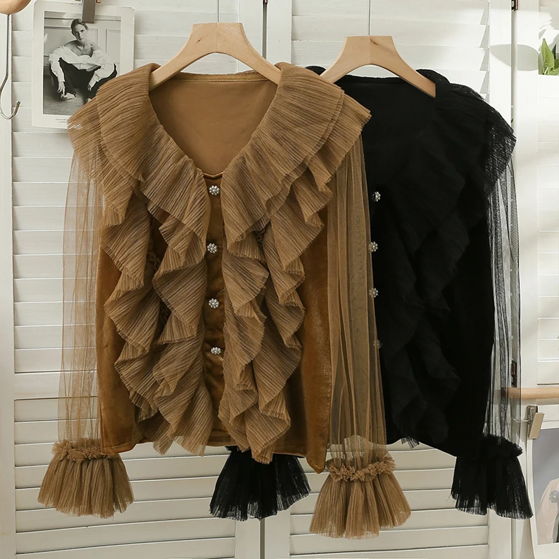 

Autumn Casual Femme Blouses Mesh Flare Long Sleeve Spliced Ruffles Single Breasted Woman Shirts Tops Korean Fashion Woman Blusas