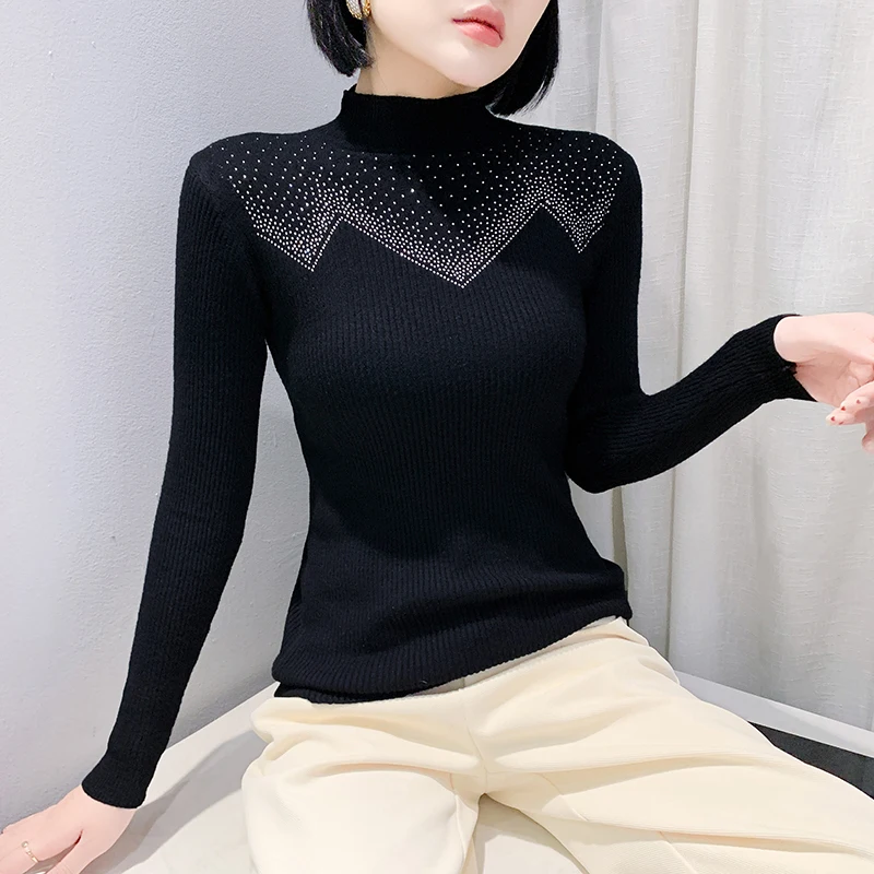 Черный Корейский Стиль Зима Трикотаж Водолазка Свитер Шикарный Сексуальный