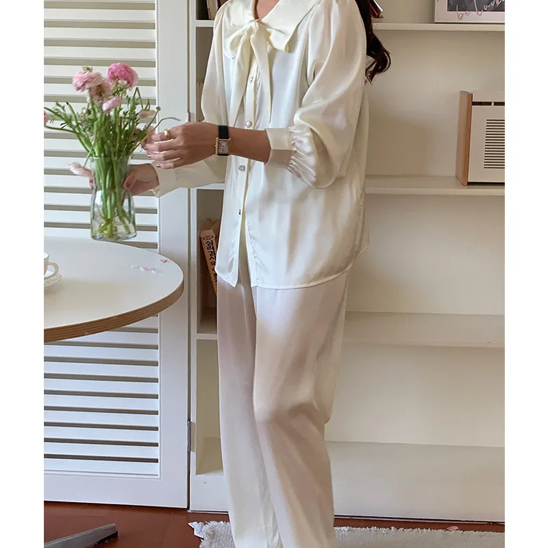 2023 New Arrival Spring and Autumn French Style Bow Ice Silk Pajamas Women's Long-Sleeved French Style Outerwear Home