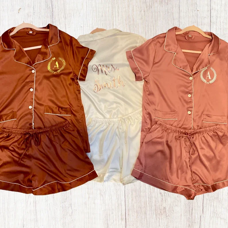 

Personalized Silky Satin Pajamas, Monogram Pjs Bridesmaid Shorts Sets, Bridal Pajamas Set, Bridesmaid Gifts Getting Ready Pajama