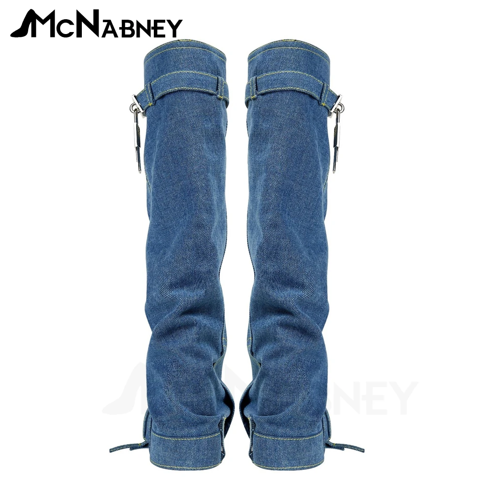 Denim Platform Biker Boots Chunky Heel Boots Metal Lock Boots Designer Style Knee High Fashion Zipper Jeans Design Women Boots