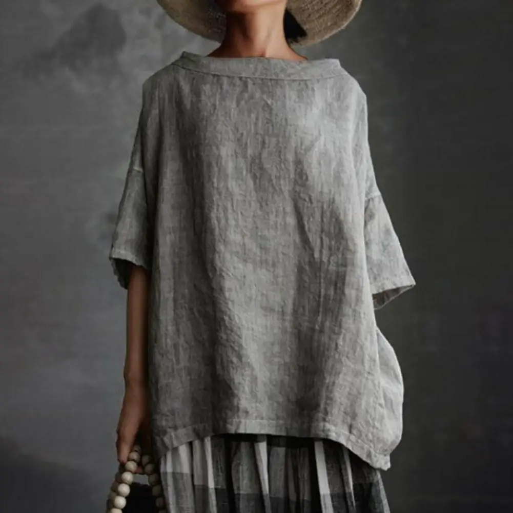 

Women Vintage Harajuku Cotton and Linen Loose Blouses and Shirts Summer Casual Short Sleeve O Neck Oversized Tops Korean Blusas
