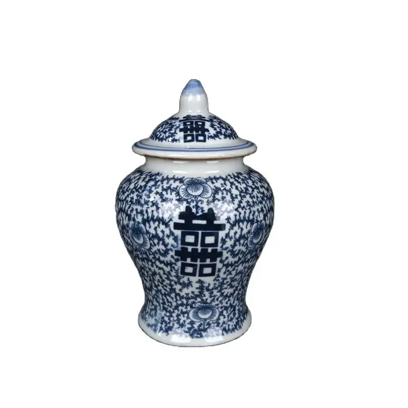 

China Old Porcelain Blue And White Double Happiness Pattern Covered Jar Storage Pot