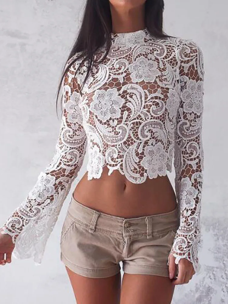 

Elegant Turtleneck White Lace blouses See Through Sexy Long Sleeve Crochet Short Blouse Women Fashion Tops Floral Ladies Shirt