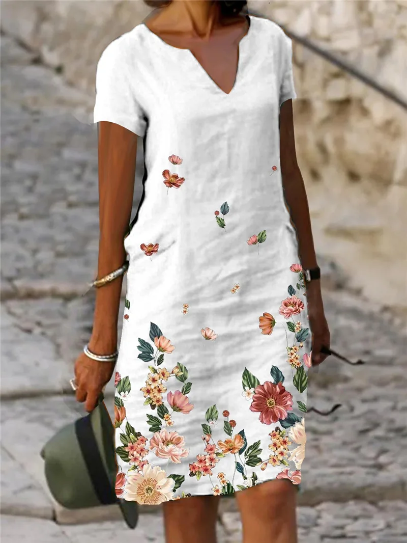 

2023 Summer Cotton Llinen Women's Dress Oversize V-neck Print A-line Elegant Dresses Female Trendy Casual Loose Ladies Clothes