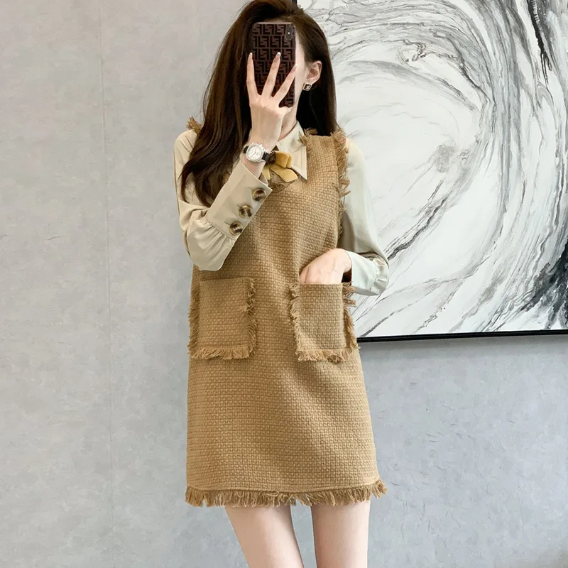 

Celebrity temperament small fragrant wind coarse tweed vest dress for women 2023 autumn and winter shirt vest two piece suit