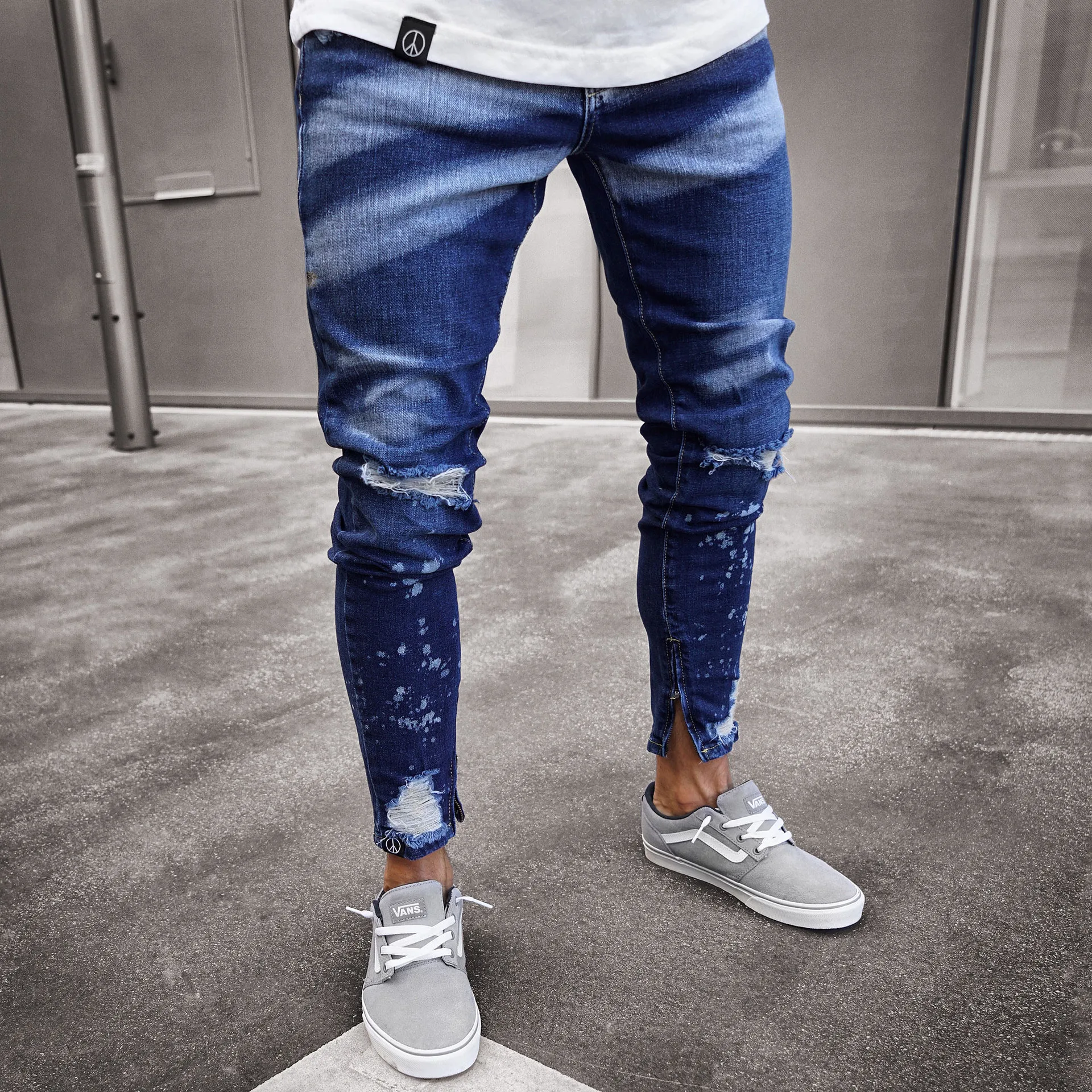 

2022 Newest Europe America Style Mens Denim Pants Printing Vintage Ripped Distressed Hole Ankle Length Pencil Pants Slim Trouser