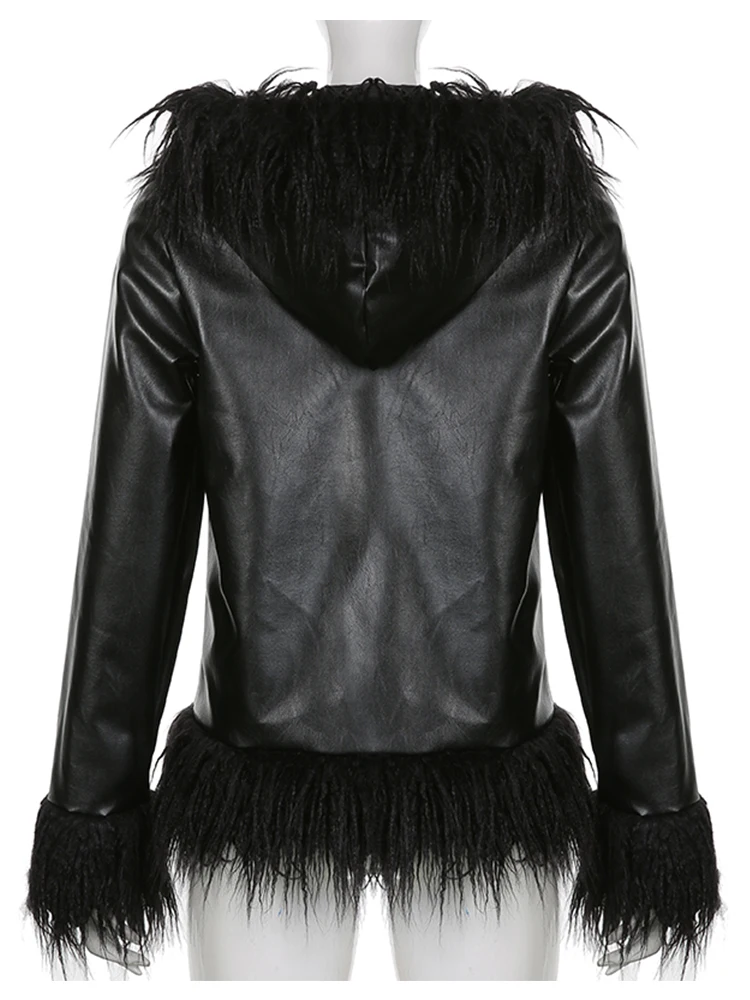 Black Elegant Fashion Faux Leather Jacket High Street Fashion Zip Up Long Sleeve Autumn Jackets Women Fur Trim Coats