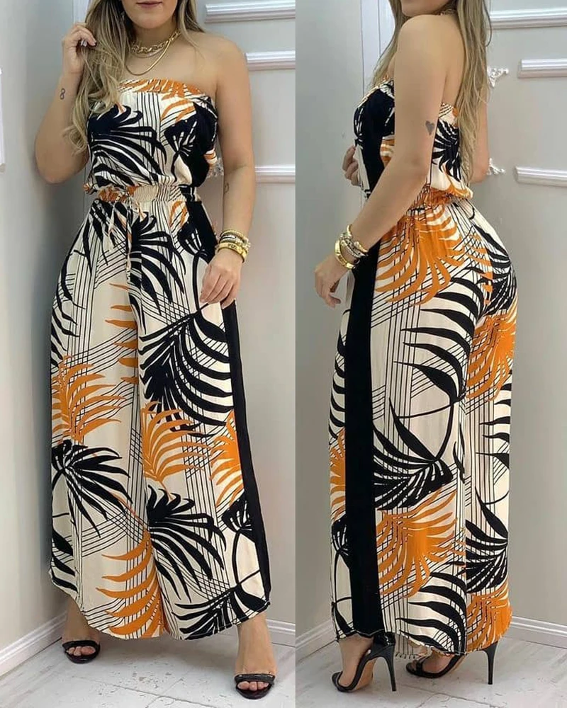 

2021 Women Summer Tropical Print Bandeau Wide Leg Jumpsuit Sleeveless Loose Sexy Beachwear Casual Female Rompers