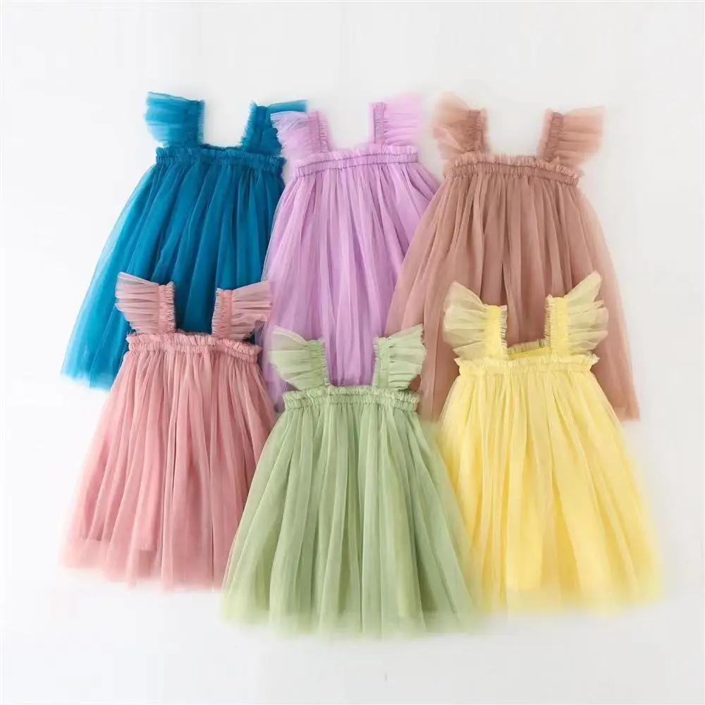 Summer Dress for Baby Girl Sling Sleeveless Square Collar Yellow Purple Pink Blue Green Mesh Princess Dress Child Clothing