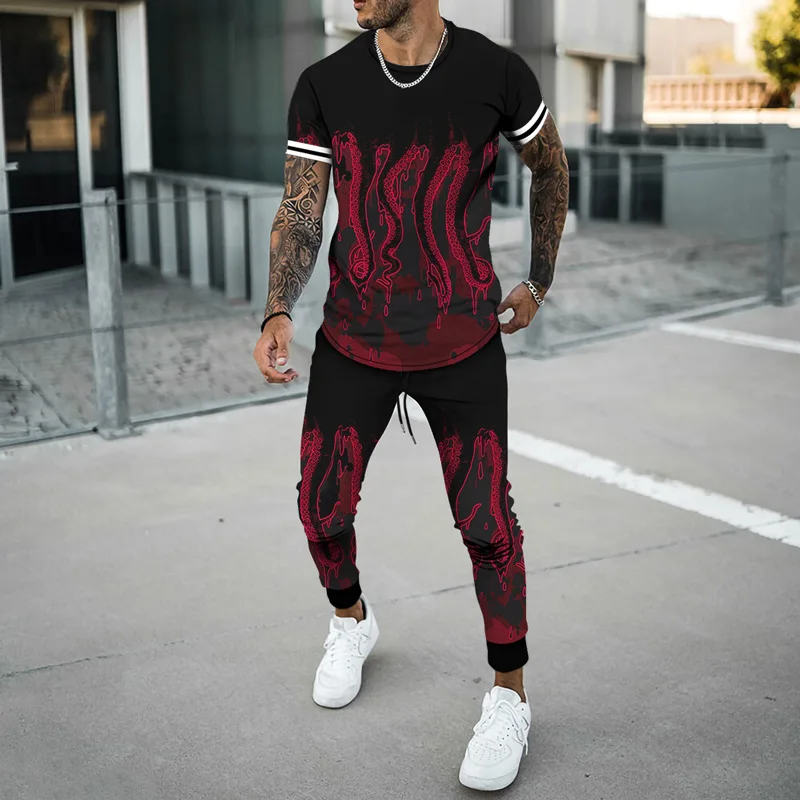 The Tentacle Men's oversized Tracksuit 2 Pieces Sets Men Casual Fitness Short Sleeve T Shirt+Trousers Men's Casual Sportswear Su