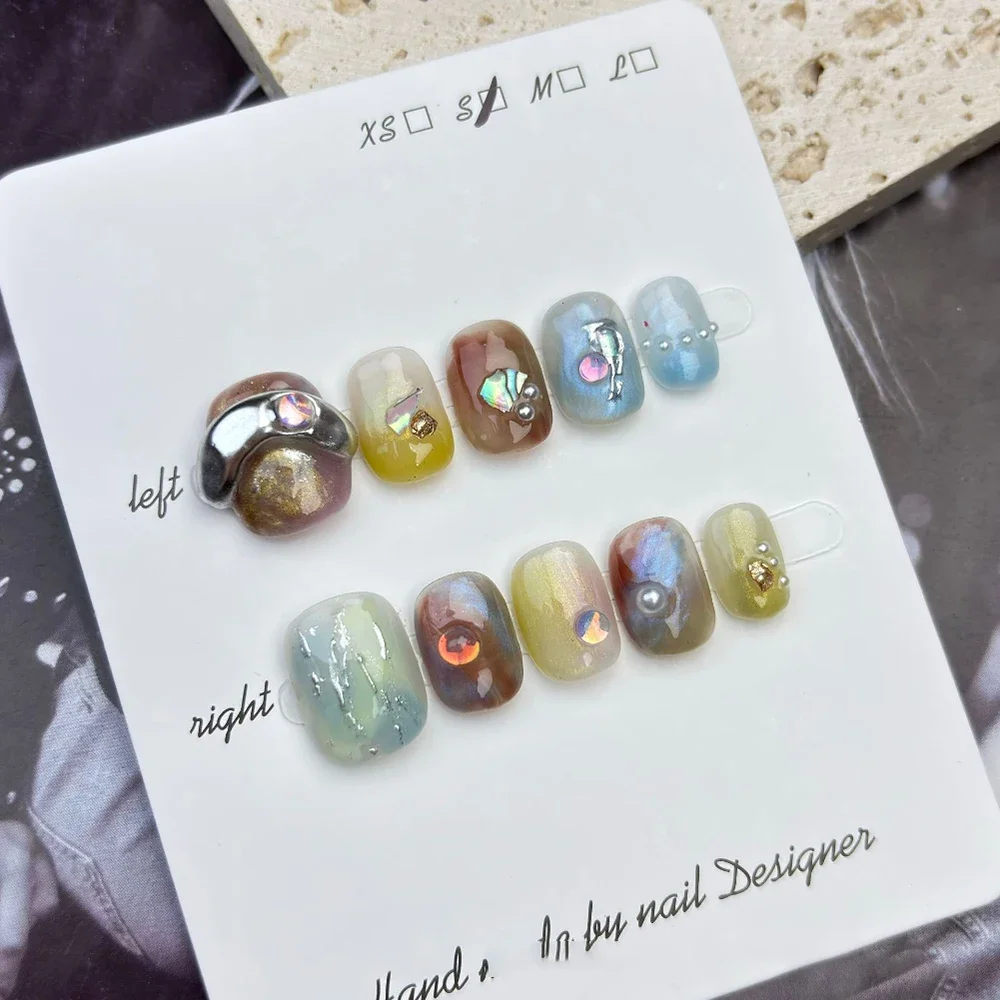 

Накладные ногти MINISO, кошачий глаз, короткие квадратные, ручная роспись