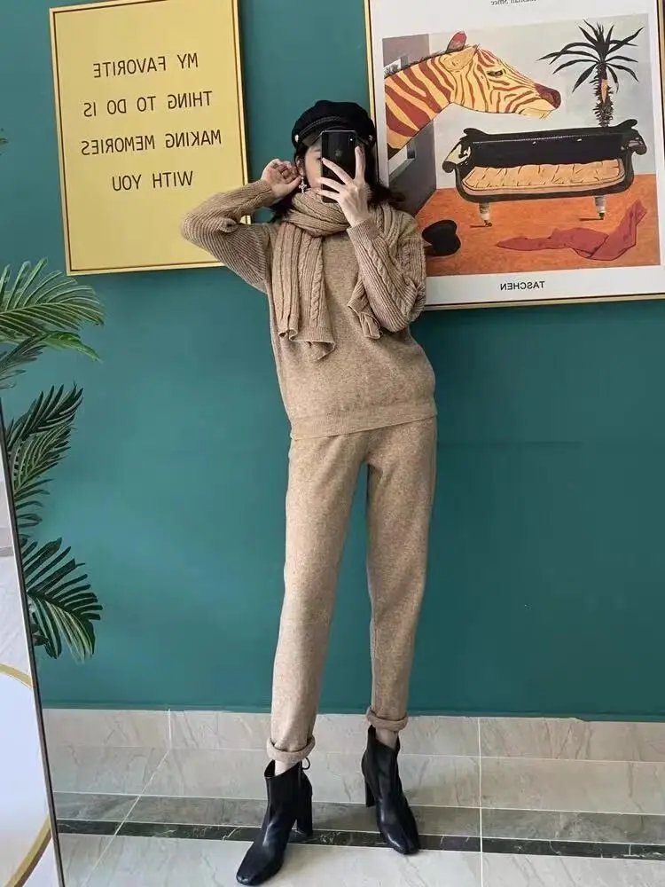 Autumn Winter Warm Knitted Women's Tracksuit Half High Collar Sweater Elastic Waist Pants Scarf Casual 3 Piece Set Women Outfit |