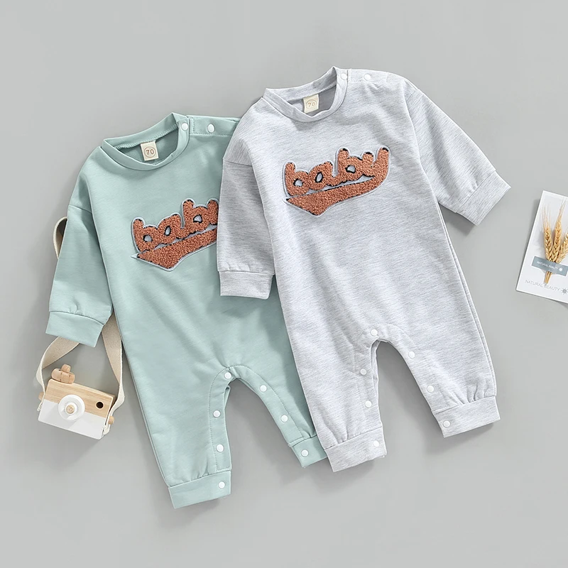 

Infant Baby Spring Jumpsuit Long Sleeves Round Neck 3D Letter Pattern Snap Closure Romper for Boys Girls