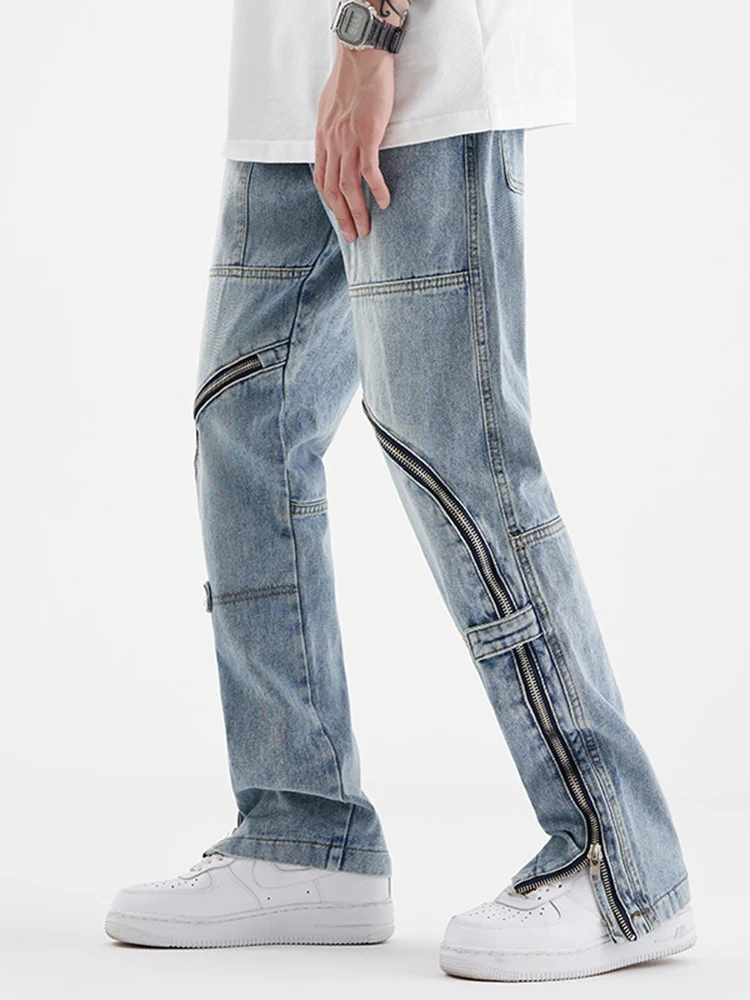 Four Seasons Men's Jeans Straight Slim Casual Fashion Versatile Zipper Pants Hip Hop Straight Wide Leg Pants Ins Hot Sale JEANS