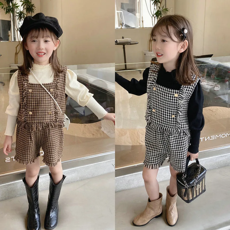 2023 Spring Autumn Girls Fashion 3 Pieces Suit Baby Kids Children Plaid Clothing Set Including T-shirt+vest+shorts