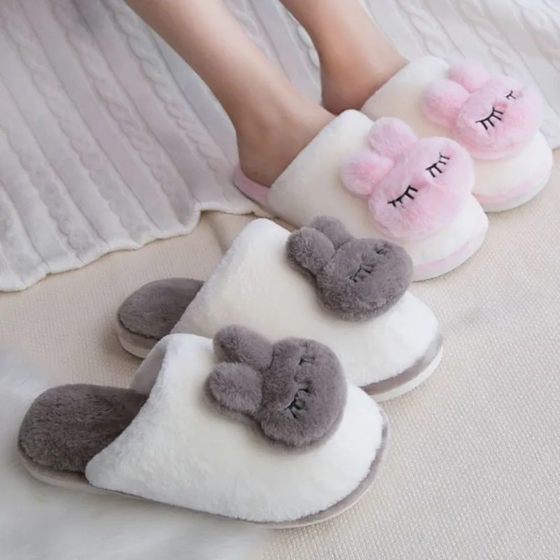 Cute Rabbit Cartoon Home Slippers Women Winter Warm Fur Shoes Men Plush Slipper Couples Indoor Soft Bottom Floor Slippers