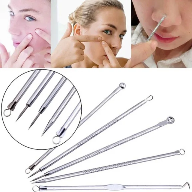 

5Pcs Double-end Stainless Steel Facial Blackhead Acne Pimple Pustule Blemish Remover Needle Extractor Cleansing Face Massager