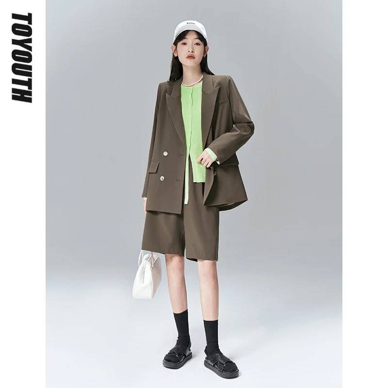 Toyouth Women Blazer Shorts 2022 Spring Long Sleeves Loose Coats Solid Dark Brown Single Breasted Casual Business Suit Outwear