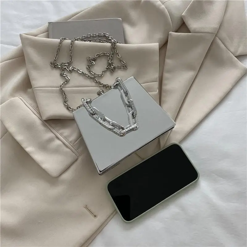 Metal Small Bag 2023 European And American Fashion Shiny Retro Texture I Girl Chain One Shoulder Box Bag Women Purse And Handbag